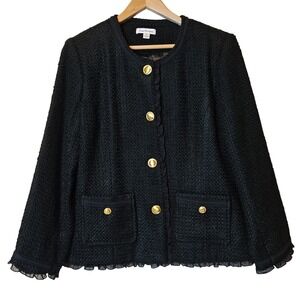Joan Rivers Bouclé Tweed Jacket Women Size 10 Black Ruffle Trim Gold Button A216